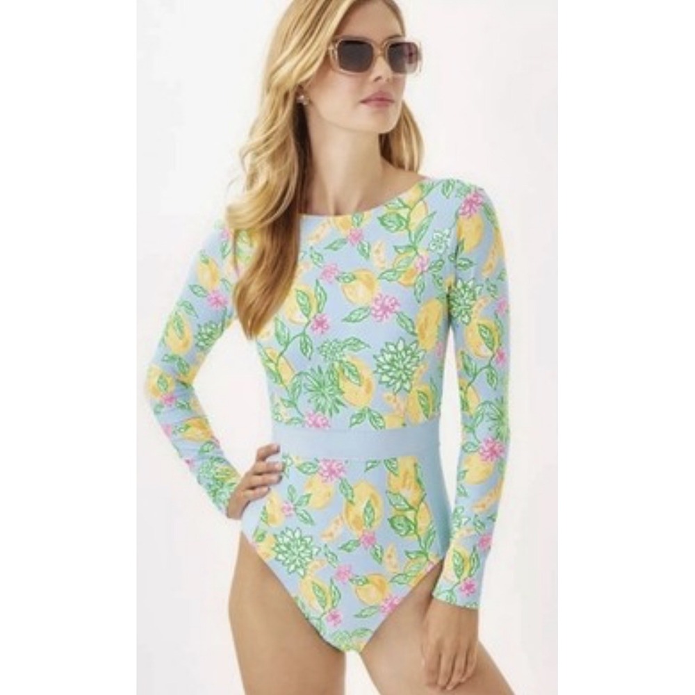 Lilly Pulitzer Jesper Rashguard One Piece Swimsuit Sz 14 Bluette Make Lemonade